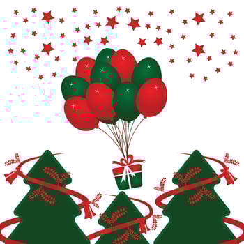 Merry Christmas Vector Design. Christmas tree, gift and balloons icon illustration.