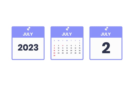 July calendar design. July 2 2023 calendar icon for schedule, appointment, important date concept vector