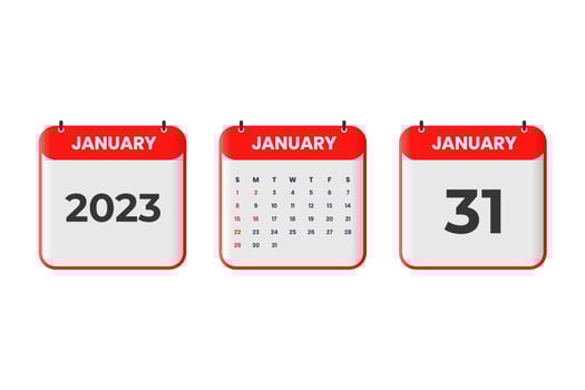 January 2023 calendar design. 31st January 2023 calendar icon for schedule, appointment, important date concept vector