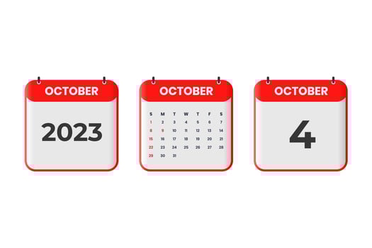 October 2023 calendar design. 4th October 2023 calendar icon for schedule, appointment, important date concept vector