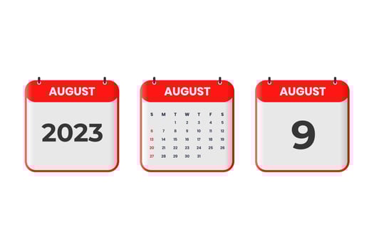 August 2023 calendar design. 9th August 2023 calendar icon for schedule, appointment, important date concept vector