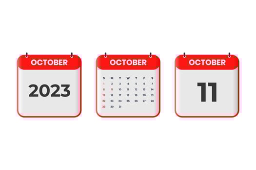 October 2023 calendar design. 11th October 2023 calendar icon for schedule, appointment, important date concept vector