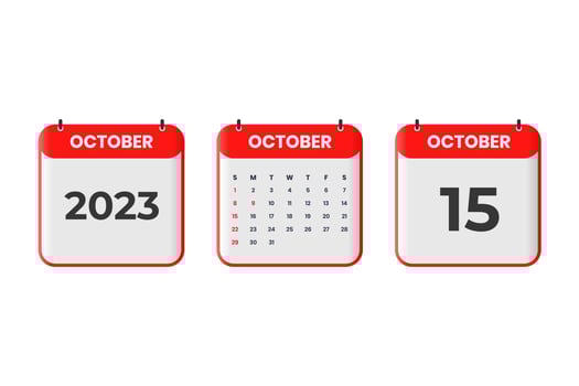 October 2023 calendar design. 15th October 2023 calendar icon for schedule, appointment, important date concept vector