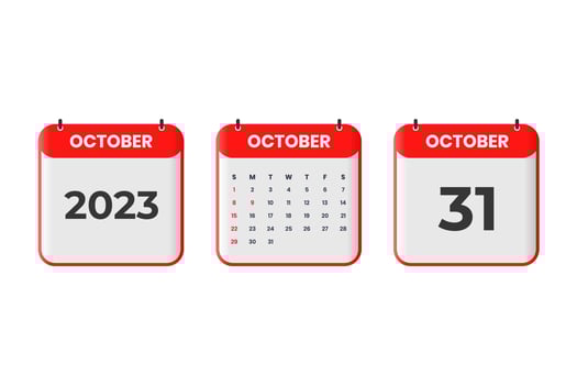 October 2023 calendar design. 31st October 2023 calendar icon for schedule, appointment, important date concept vector