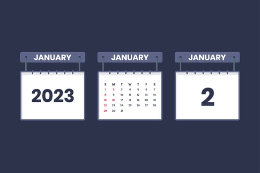 2 January 2023 calendar icon for schedule, appointment, important date concept vector