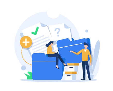 Office worker holding giant folder for storing papers. Modern concept of file management system, online document storage service vector