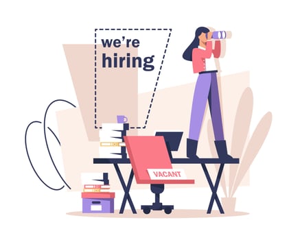 Hiring and recruitment concept,We are hiring banner,Beutiful business woman is standing on the office table and looking into the distance in search of employees vector