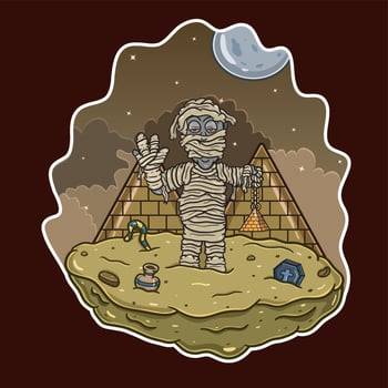 Cartoon Mascot of Halloween Mummy in Pyramid Night. vector