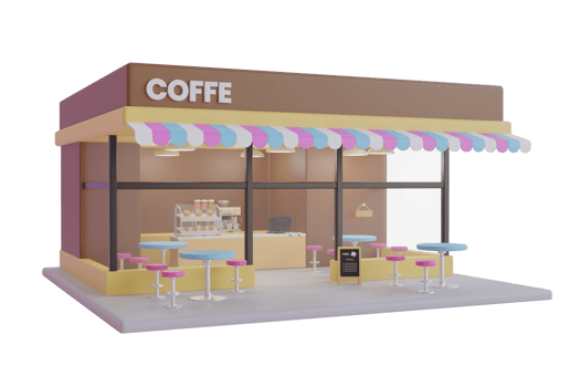3d Rendering of a Coffee shop. modern coffeeshop.  3d illustration of a cozy cafe. Front view Cafe shop. coffee shop or coffeehouse building. 3d rendering png