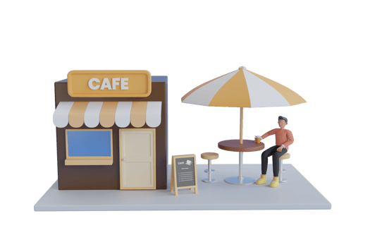 3d illustration of a cozy cafe. Front view Cafe shop. coffee shop or coffeehouse building. 3d rendering png