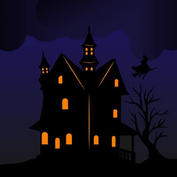 Halloween witch house and haunted tree with horror purple clouds vector