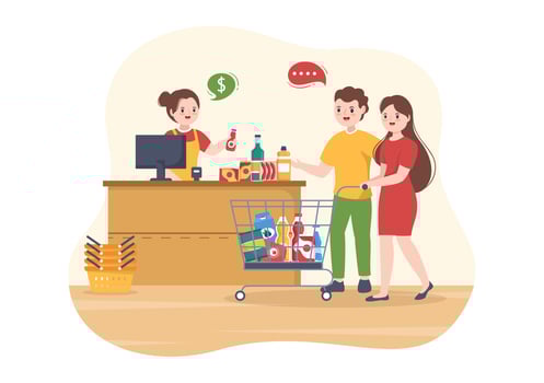 Grocery Store or Supermarket with Food Product Shelves, Racks Dairy, Fruits and Drinks for Shopping in Flat Cartoon Hand Drawn Templates Illustration vector