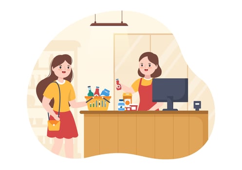 Grocery Store or Supermarket with Food Product Shelves, Racks Dairy, Fruits and Drinks for Shopping in Flat Cartoon Hand Drawn Templates Illustration vector