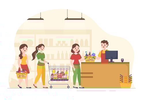 Grocery Store or Supermarket with Food Product Shelves, Racks Dairy, Fruits and Drinks for Shopping in Flat Cartoon Hand Drawn Templates Illustration vector
