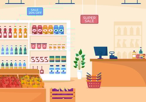 Grocery Store or Supermarket with Food Product Shelves, Racks Dairy, Fruits and Drinks for Shopping in Flat Cartoon Hand Drawn Templates Illustration vector