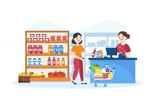 Grocery Store or Supermarket with Food Product Shelves, Racks Dairy, Fruits and Drinks for Shopping in Flat Cartoon Hand Drawn Templates Illustration vector
