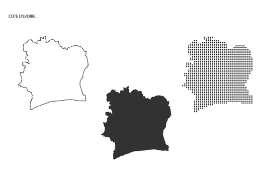 3 versions of Cote d'Ivoire map city vector by thin black outline simplicity style, Black dot style and Dark shadow style. All in the white background.