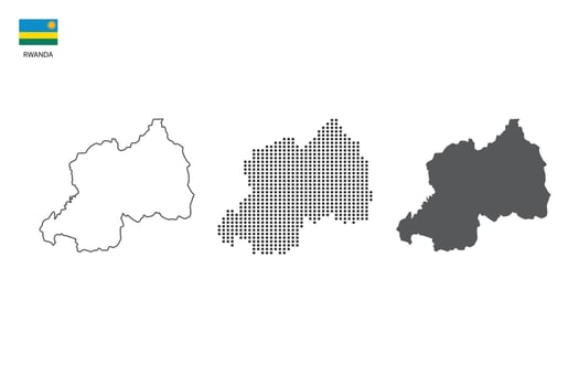 3 versions of Rwanda map city vector by thin black outline simplicity style, Black dot style and Dark shadow style. All in the white background.