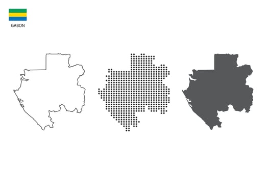 3 versions of Gabon map city vector by thin black outline simplicity style, Black dot style and Dark shadow style. All in the white background.