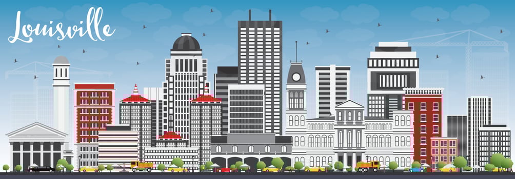 Louisville Skyline with Gray Buildings and Blue Sky. vector