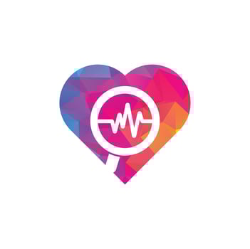 Find pulse heart shape logo designs concept. Magnifier and heartbeat logo template. Pulse trace and loupe vector