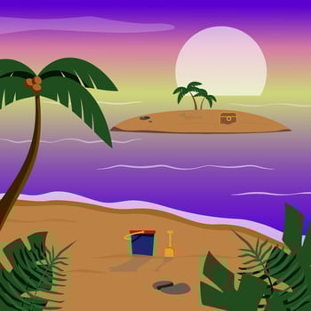 Sandy beach with palms. Island in the sea. Holiday destination. Sunset or sunrise landscape. Vector illustration in flat cartoon style.