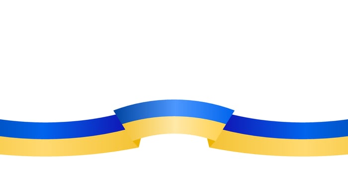 Ukrainian national flag wave background. Waving ribbon in blue and yellow colours on white plain background. Banner, poster, template, horizontal layout. Vector illustration.