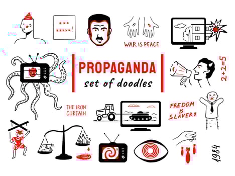 Doodle symbols of propaganda, manipulation, dictatorial regime and totalitarian ideology. vector
