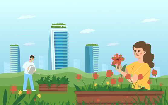 The concept of urban gardening. A woman and a man take care of flowers and plants on the background of skyscrapers. vector