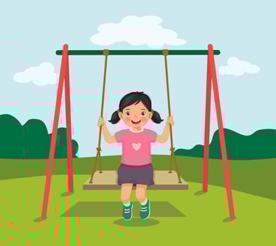 cute little girl swinging and having fun on rope wooden swing in playground vector