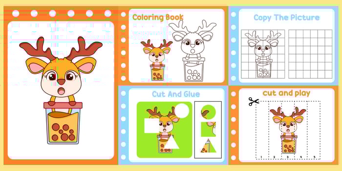 worksheets pack for kids with deer vector. children's study book vector