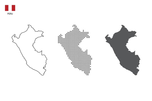 3 versions of Peru map city vector by thin black outline simplicity style, Black dot style and Dark shadow style. All in the white background.