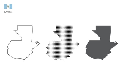 3 versions of Guatemala map city vector by thin black outline simplicity style, Black dot style and Dark shadow style. All in the white background.