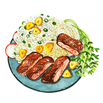 Japanese food watercolor beef garlic rice png