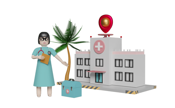 Hospital building and doctor with medical equipment and pin isolated. Concept 3d illustration or 3d render png