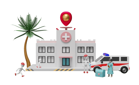 Hospital building and doctor with Stick man and medical equipment and pin isolated. Concept 3d illustration or 3d rendering png
