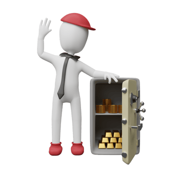 Stick man with open safe box full of coins stack and gold bar, Ingot isolated. business banking concept, 3d illustration or 3d render png