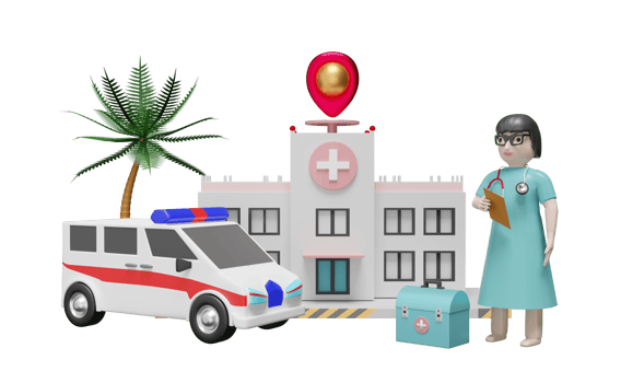 Hospital building and doctor with medical equipment and pin isolated. Concept 3d illustration or 3d rendering png