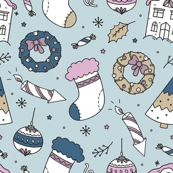Seamless Christmas Pattern on Blue Background Vector Doodle Christmas Concept