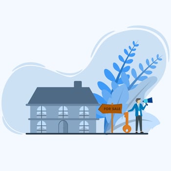 the concept of selling a house, renting real estate. Giving, offering, demonstrating, man holding megaphone and house keys to sell house key handling house. Flat design vector illustration.