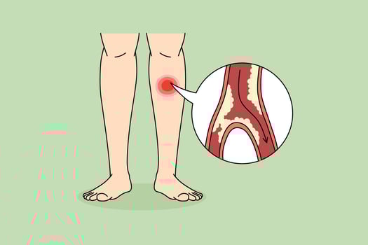 Close up of person suffer from PAD disease having blood vessel blockage in legs. Man struggle with clotted limbs from veins narrowing or blocking. Healthcare concept. Vector illustration.