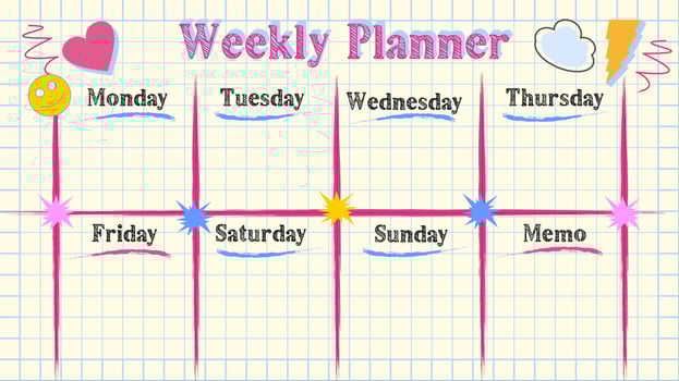 Planner for the week in a cute, flat style. Planner with pink elements. Week, year. 3d objects. Pupils and students. Housewives. Girls vector