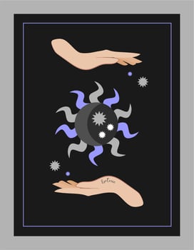 A composition of esoteric alchemical mystical magical celestial talismans with female hands, moon, sun and stars.Sacrality.An object of spiritual mastery. Vector illustrations in the flat style. Black