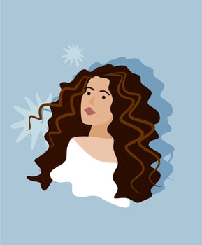 The girl has daisies in her hair, Curly hair, a girl in a shirt with a collar. A girl in a summer dress. Characters vector