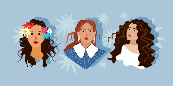 A set of girls, portraits, faces. Modern flat style, minimalism. The girl has daisies in her hair, Curly hair, a girl in a shirt with a collar. A girl in a summer dress. Characters vector