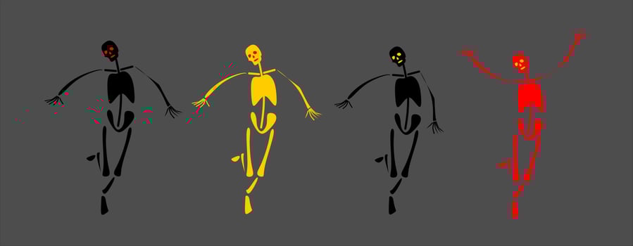 Four skeletons. Yellow, red, black and white skeleton. Flat style. Halloween elements. Simple style. vector
