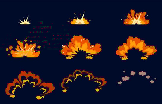 Bomb explosion icon set step-by-step animation with boom effect on black background. Cartoon comic dynamite flame for app. Vector illustration