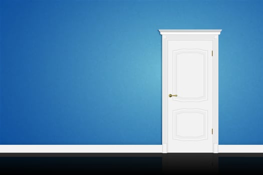 Closed white door on blue wall. Vector