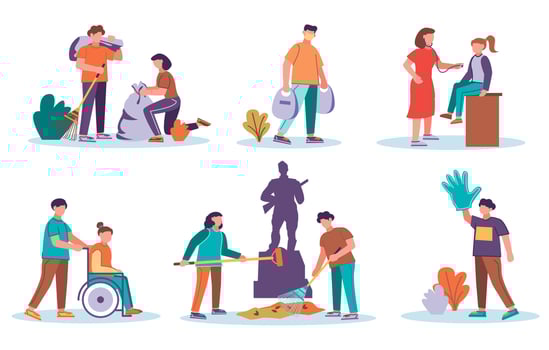 Recruitment of young volunteers. Collection of flat vector illustrations. Assistance to the homeless, garbage collectors, assistance to the disabled and elderly, medicine. The concept of volunteering.