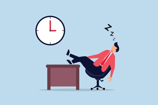 boredom and sleepy work concept, businessman sleeping lay down on office chair and alarm clock covered his face with book. vector